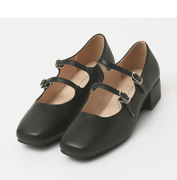4D Cushioned Double-strap Low Heel Mary Jane Shoes Black
