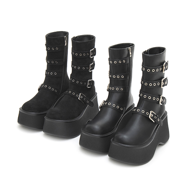 Multi-Buckle Platform Ankle Boots Black