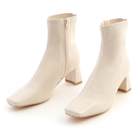 Plain Square Toe Mid-Heel Slimming Boots French Vanilla White