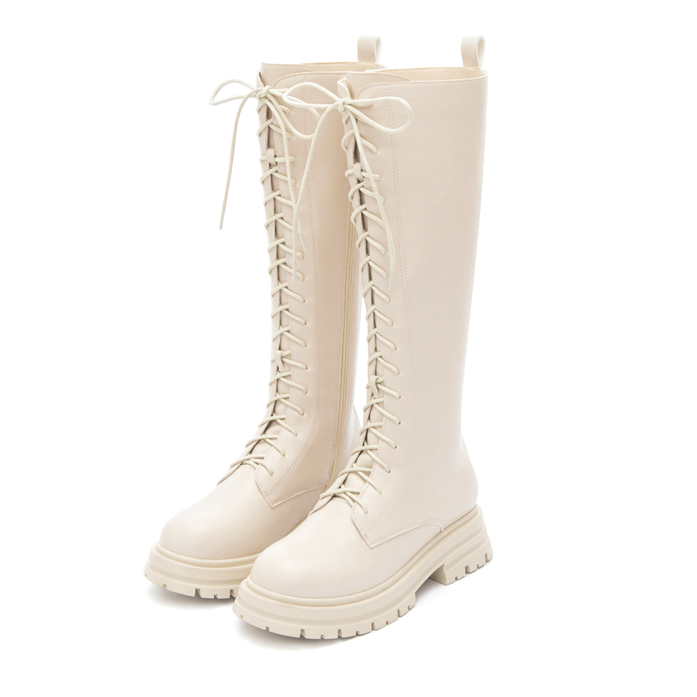 Platform Sole Lace-Up Combat Long Boots Beige