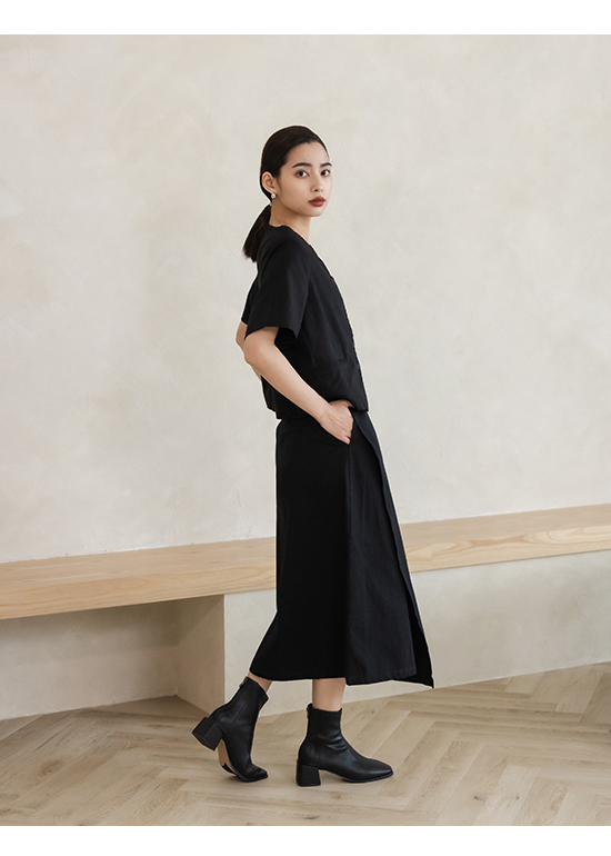Square Toe Block Heel Sock Boots Black